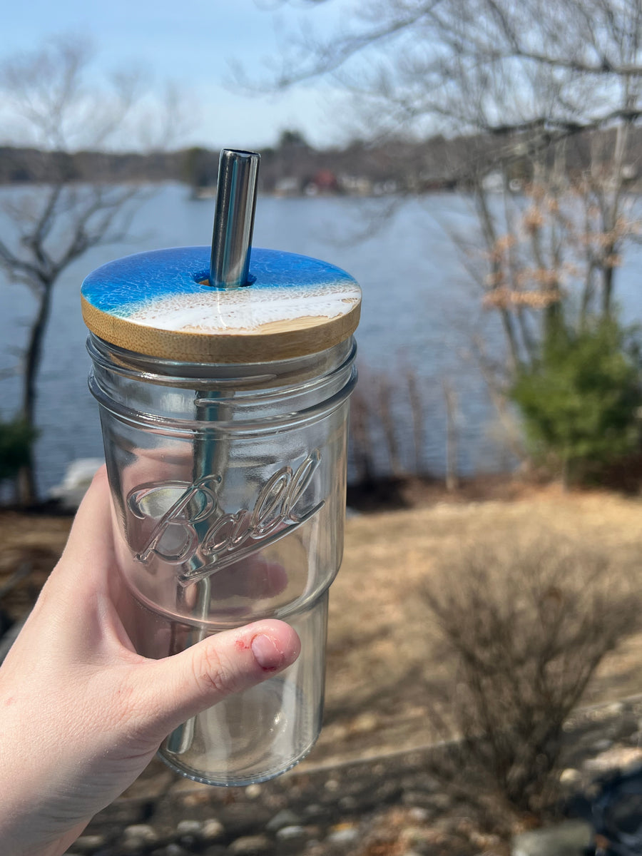 Mason Can Jar Tumbler with Handle: Caribbean Sea Foam Greens/Blues – Ashley  Mary Craftery