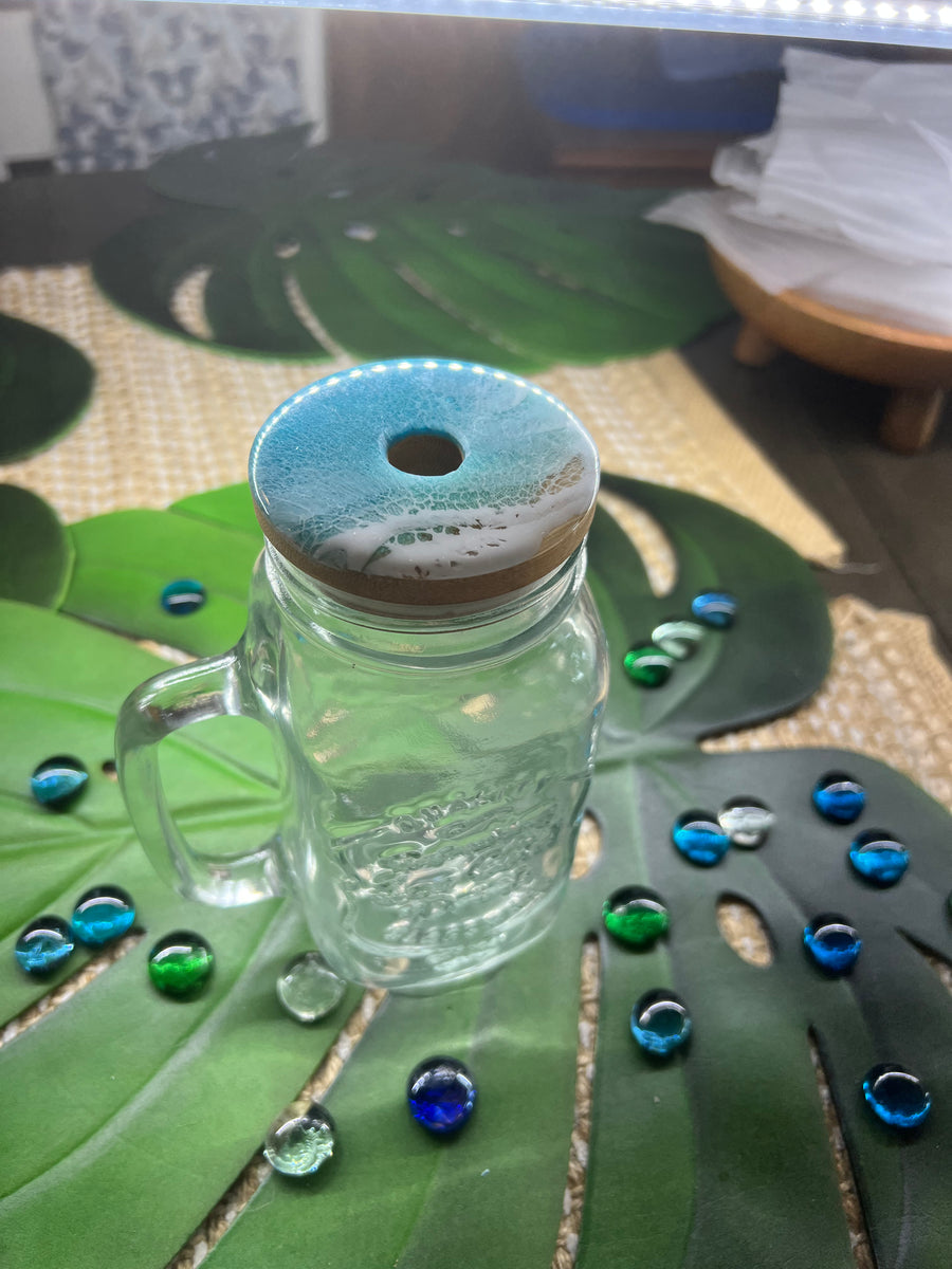 Mason Can Jar Tumbler with Handle: Caribbean Sea Foam Greens/Blues – Ashley  Mary Craftery